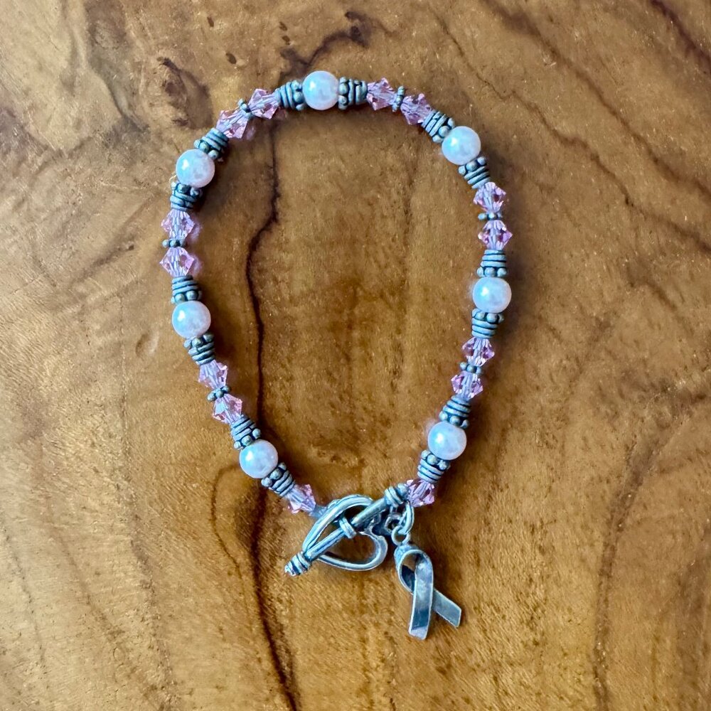 Sterling Silver + Pink Bead Breast Cancer Awareness Bracelet
